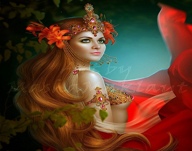 Woman with Crown and Flowers — Red