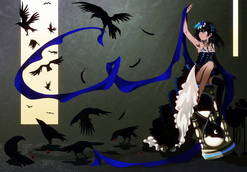Woman with crows and blue ribbon