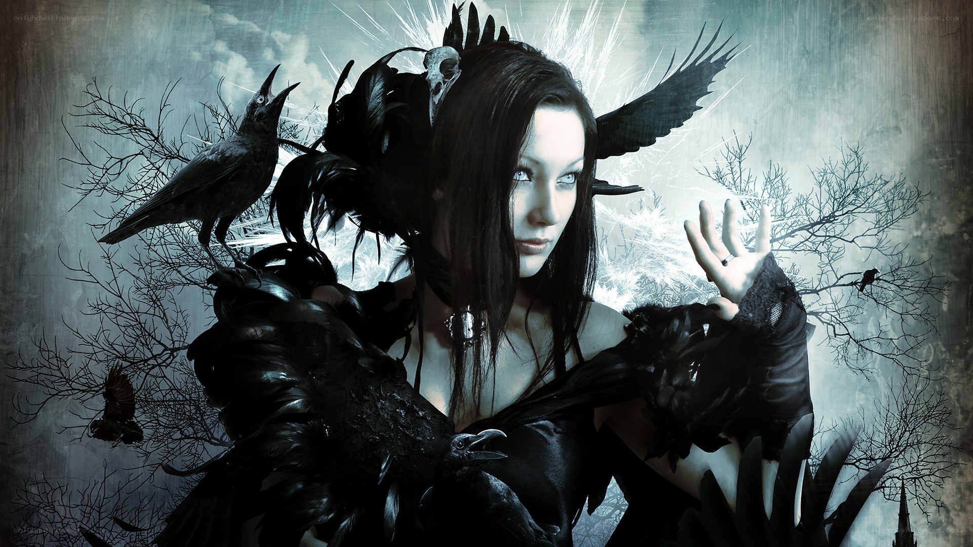 woman with crows and dark wings