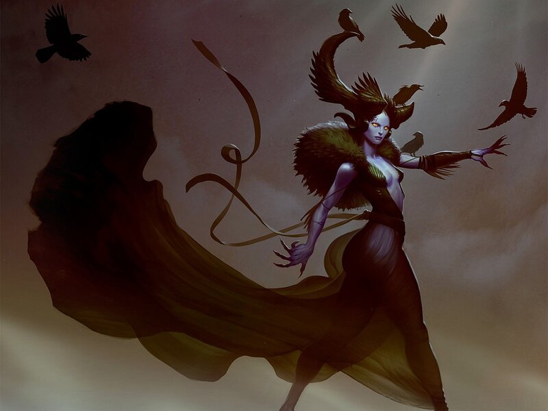 woman with crows and flowing cape