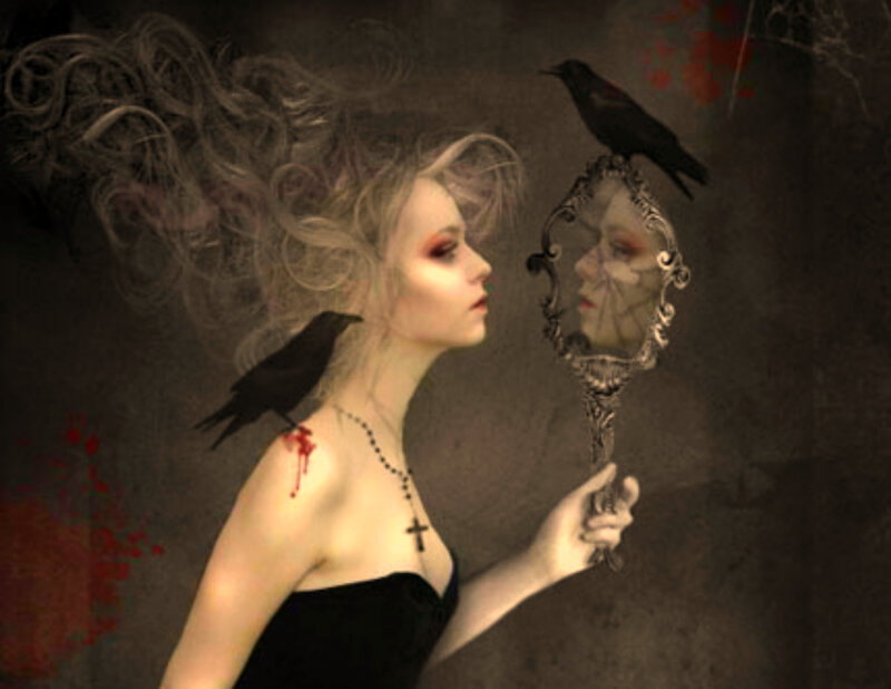 woman with crows and mirror