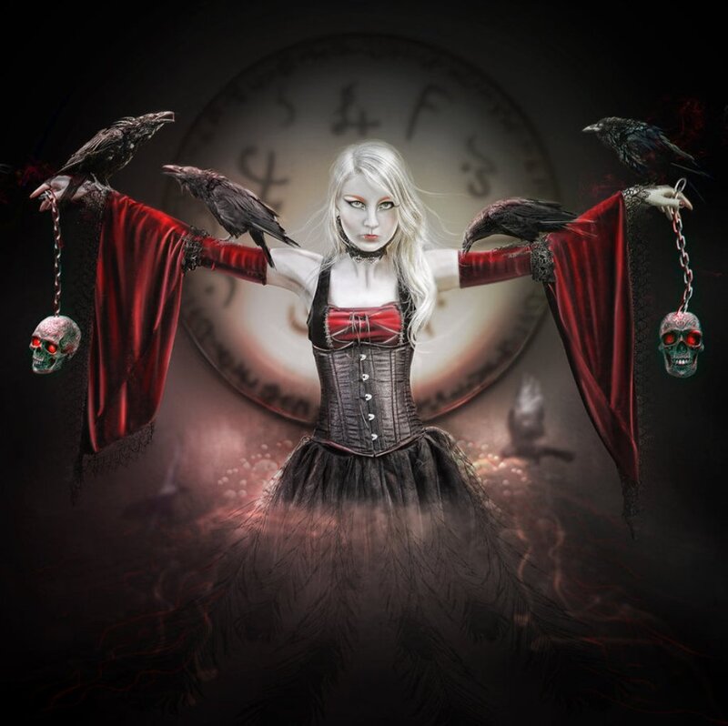 Woman with Crows and Skulls
