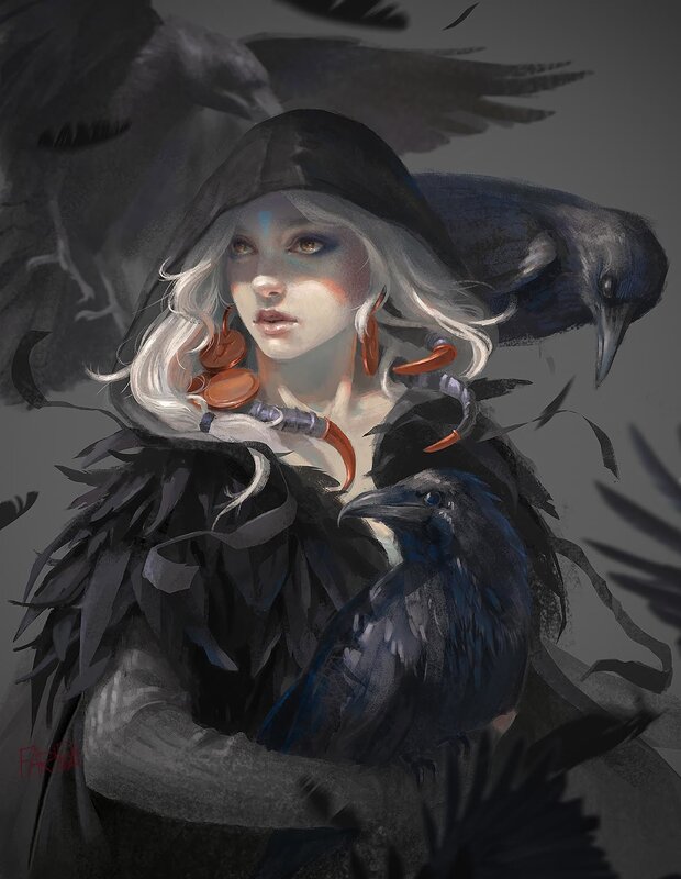 Woman with Crows — Black, Dramatic, Digital Art