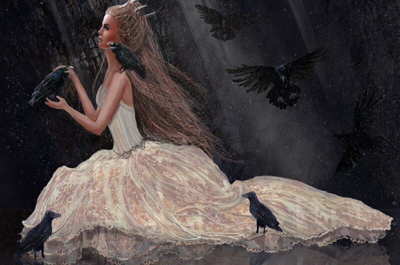 Woman with Crows — Black, Dramatic, Night, Digital Art, Dress