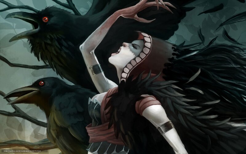 Woman with Crows — Black, Dramatic, Night, Digital Art, Feathers