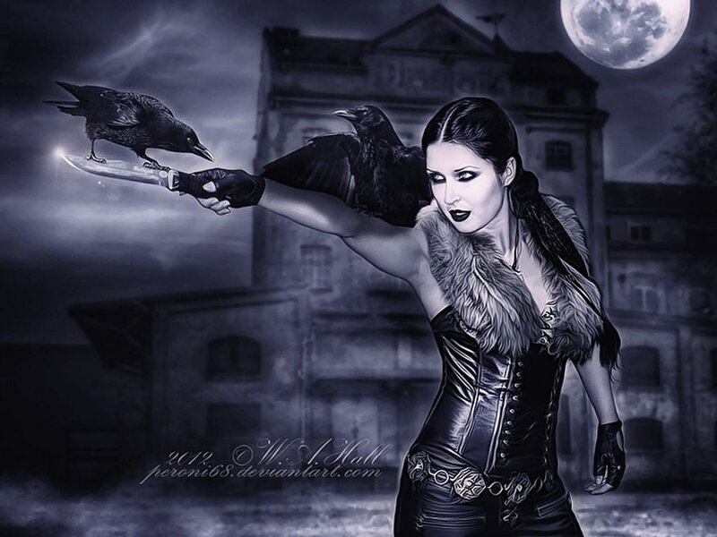 Woman with Crows — Black, Dramatic, Night, Digital Art, Knife