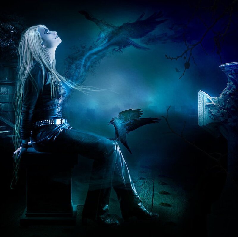 Woman with Crows — Blue, Dark, Night