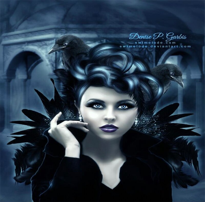 Woman with Crows — Blue, Dramatic, Night, Digital Art, Feathers