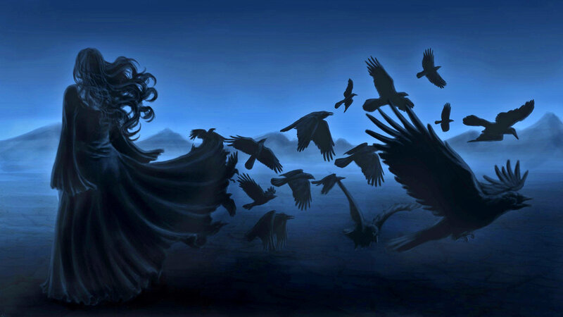 Woman with Crows — Blue, Dramatic, Night, Digital Art, Mountains