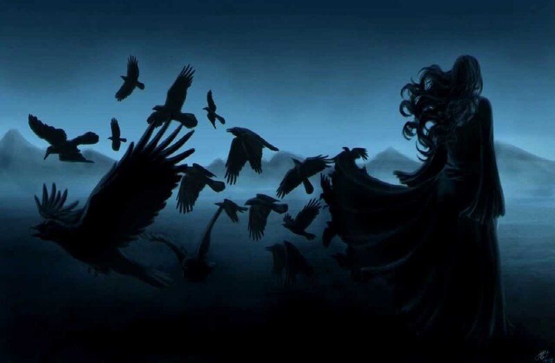Woman with Crows — Blue, Dramatic, Night, Digital Art