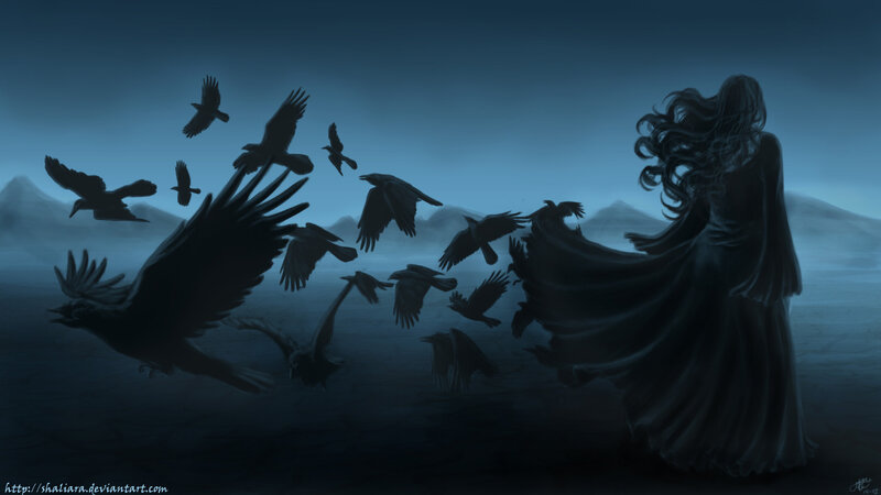 Woman with Crows — Blue, Dramatic, Night