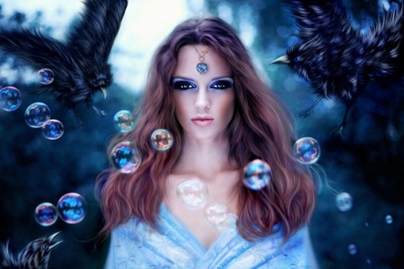Woman with Crows — Blue, Mystical