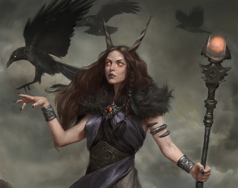 Woman with Crows — Gray, Dramatic