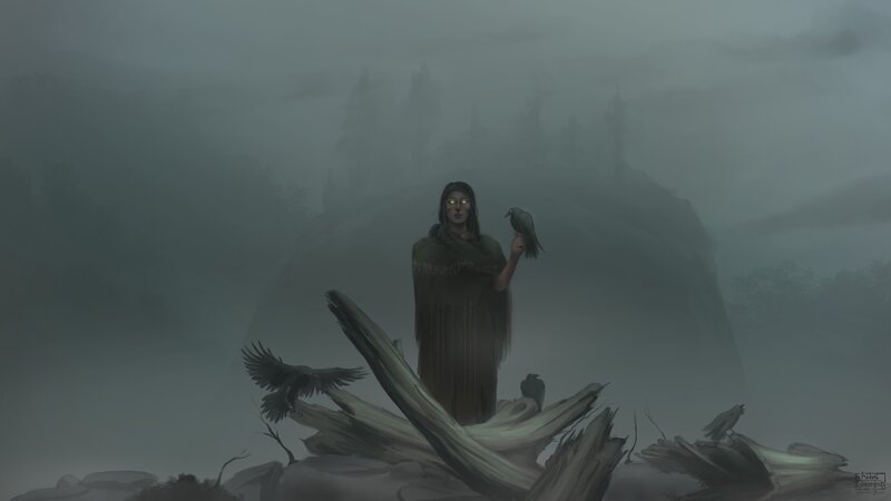 Woman with Crows — Gray, Mysterious