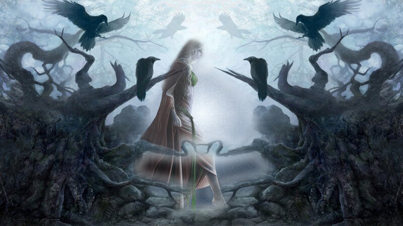 Woman with Crows — Gray, Mystical
