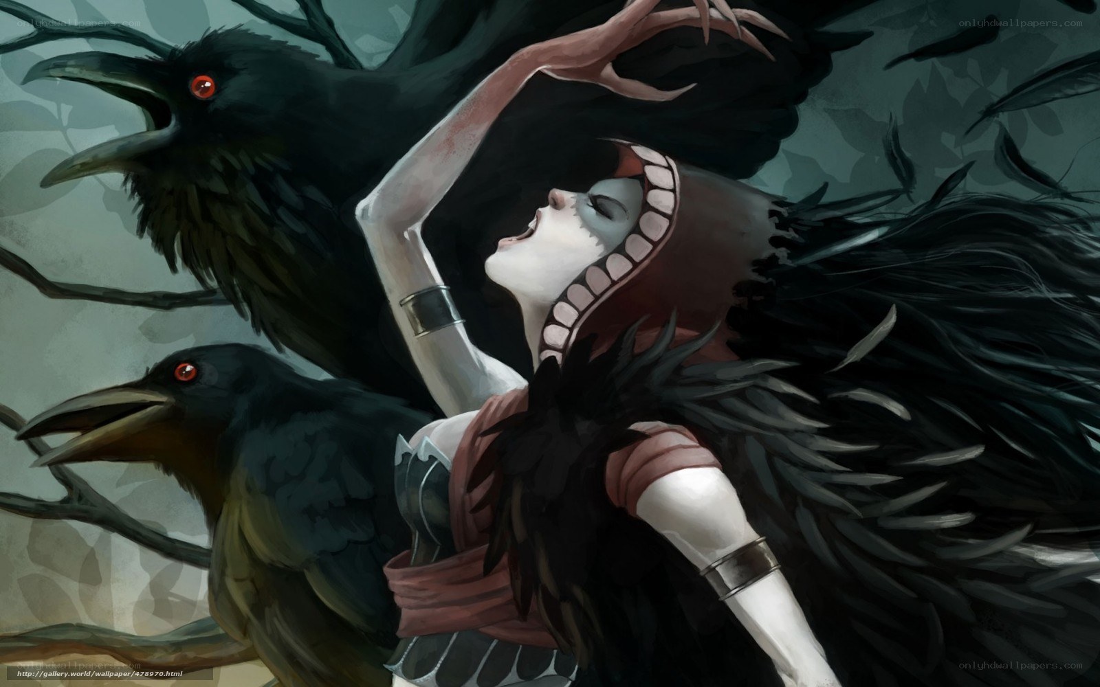 Woman with crows in dark forest