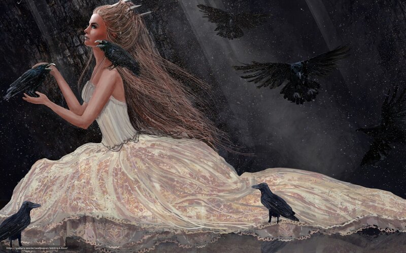 woman with crows in dark forest