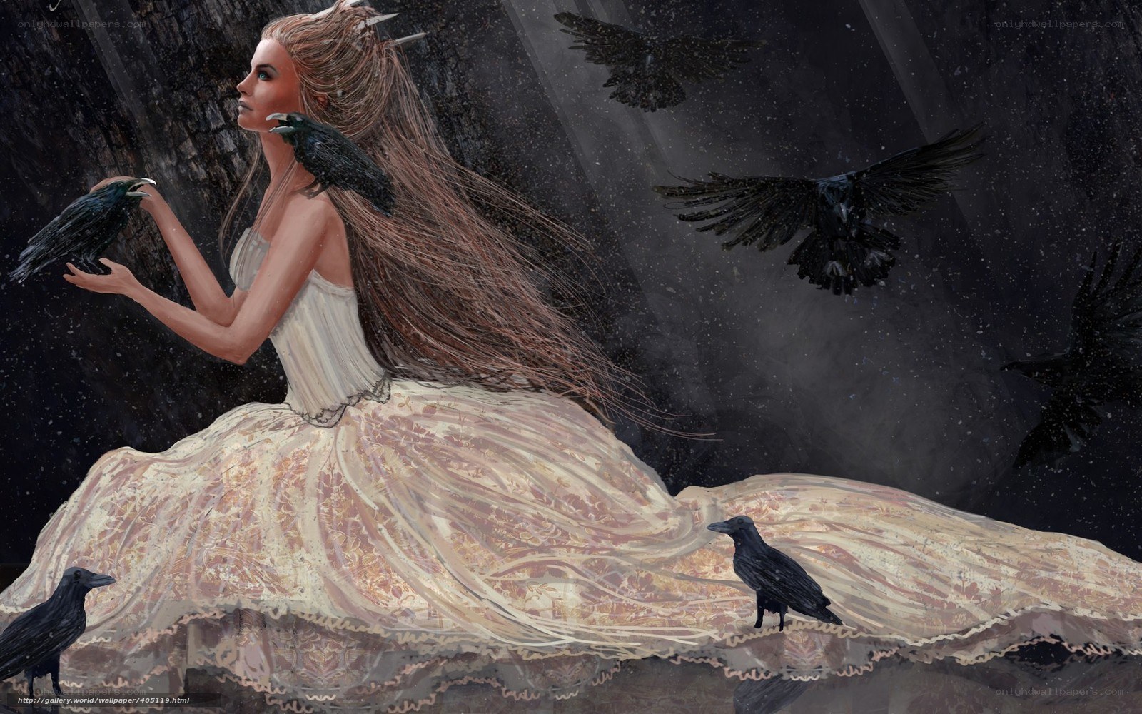 woman with crows in dark forest