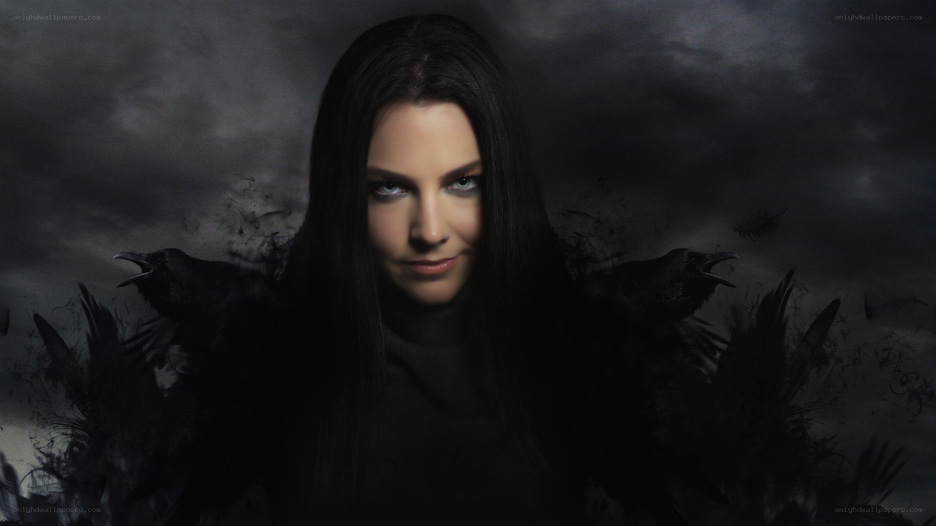 woman with crows in dark setting
