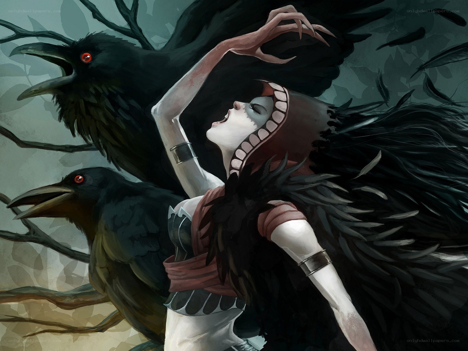woman with crows in forest