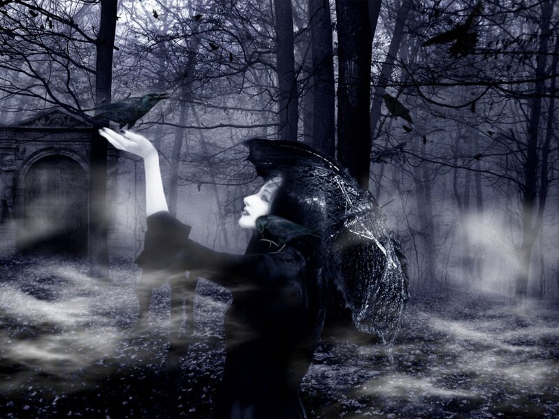 Woman with Crows in Forest — Black