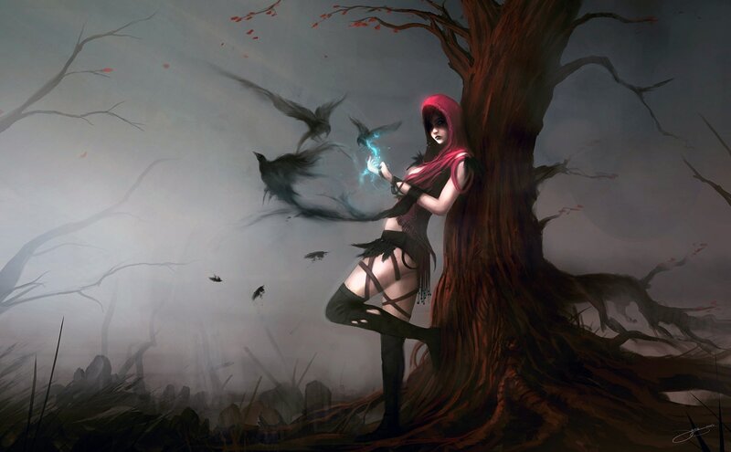 woman with crows in forest