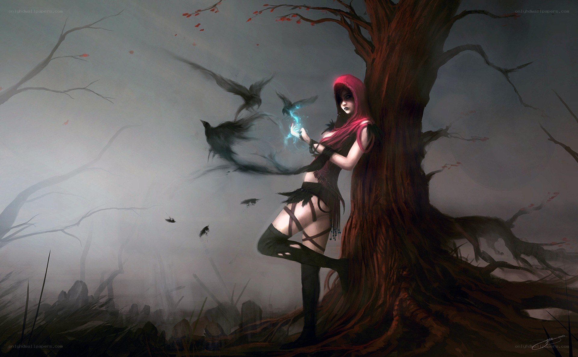 woman with crows in forest