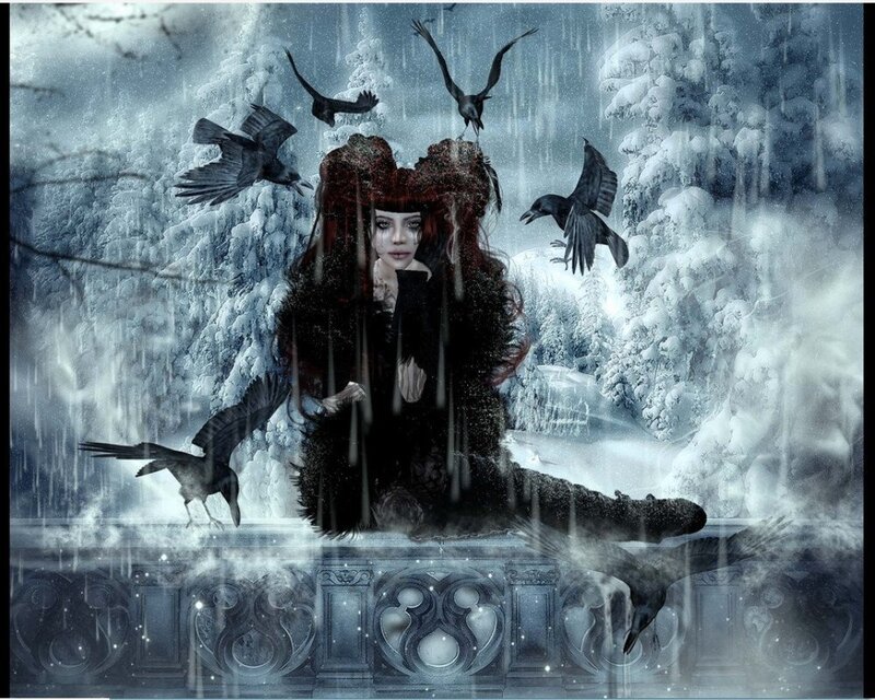 Woman with Crows in Snow