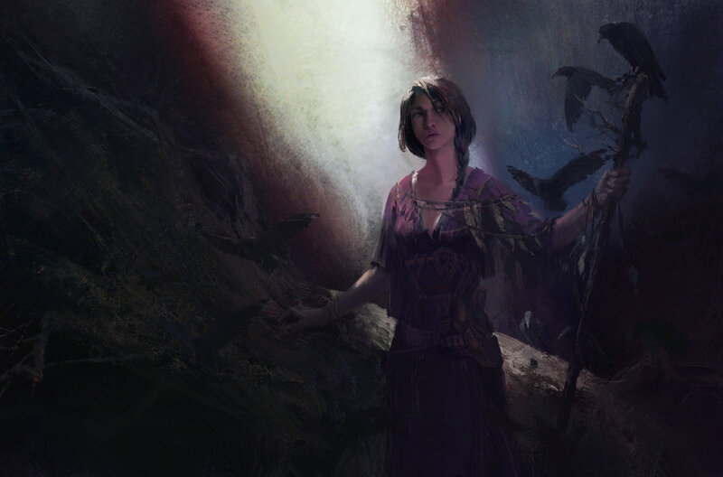 Woman with Crows — Purple, Dramatic, Night