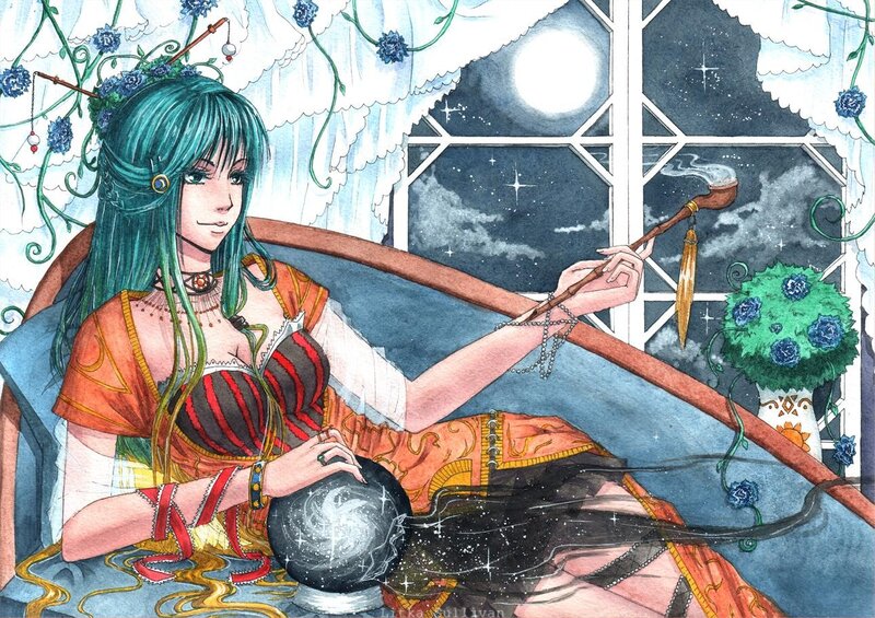 Woman with crystal ball and pipe