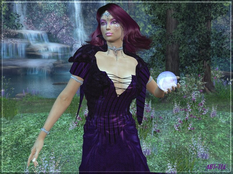 Woman with crystal ball in forest