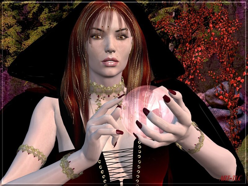 Woman with crystal ball in forest