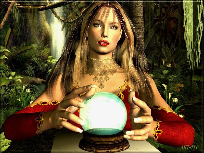 Woman with crystal ball in jungle