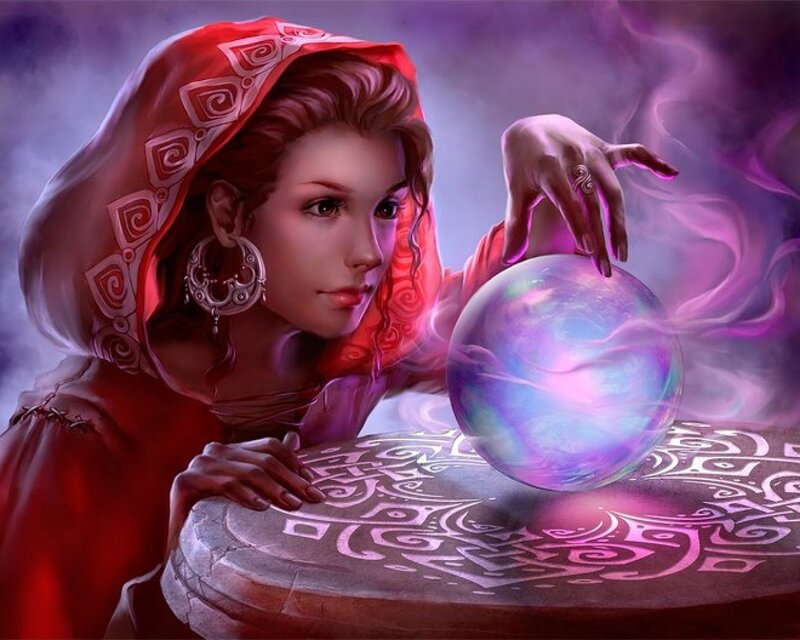 Woman with Crystal Ball — Red, Mystical