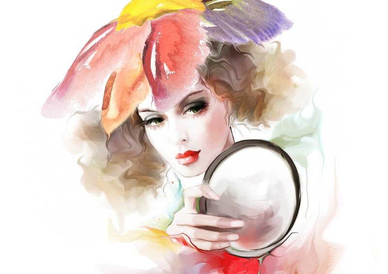 Woman with Crystal Ball — White, Dramatic, Digital Art