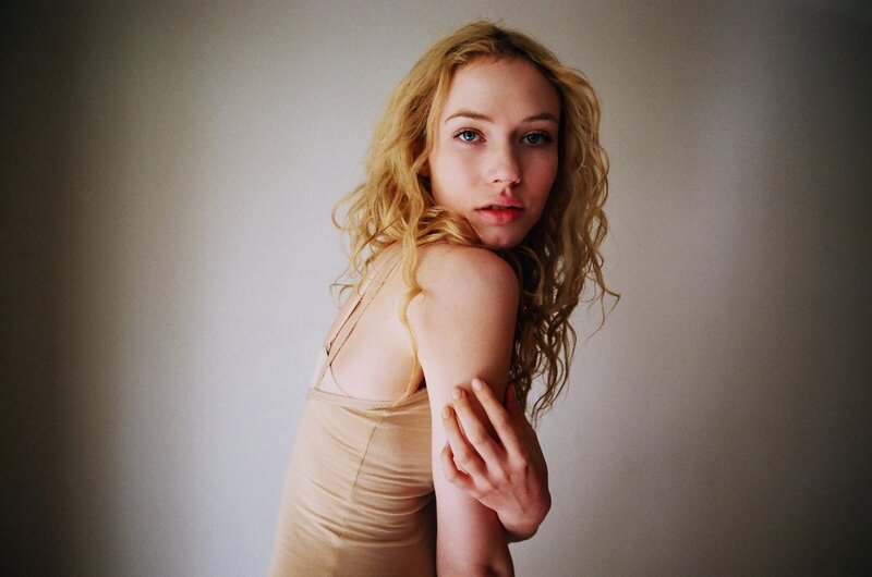 Woman with Curly Blonde Hair — Beige, Neutral, Photograph