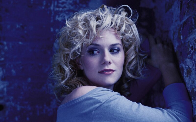 Woman with Curly Blonde Hair — Blue, Dramatic, Photograph, Wall, Blue Lighting, Purple