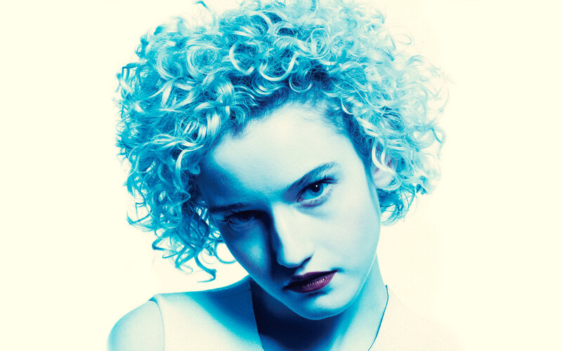 woman with curly blue hair