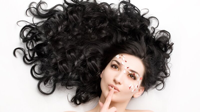 Woman with Curly Hair — Black, Calm, Photograph, Curly Hair, Flower Petals