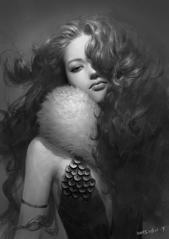 Woman with Curly Hair — Black, Dramatic, Digital Art, Fur Collar