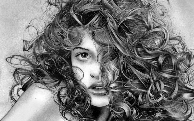 Woman with Curly Hair — Black, Dramatic, Illustration