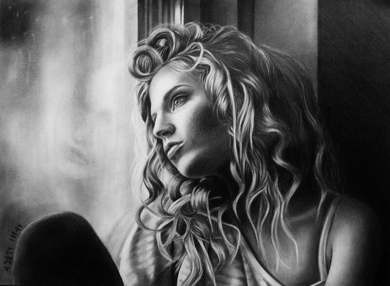 Woman with Curly Hair — Black, Dramatic, Illustration, Window