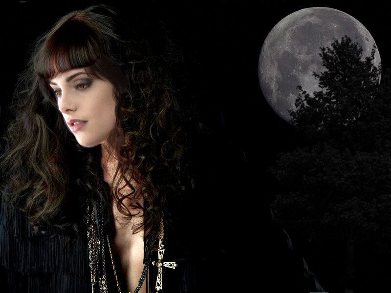 Woman with Curly Hair — Black, Dramatic, Night, Photograph, Moon
