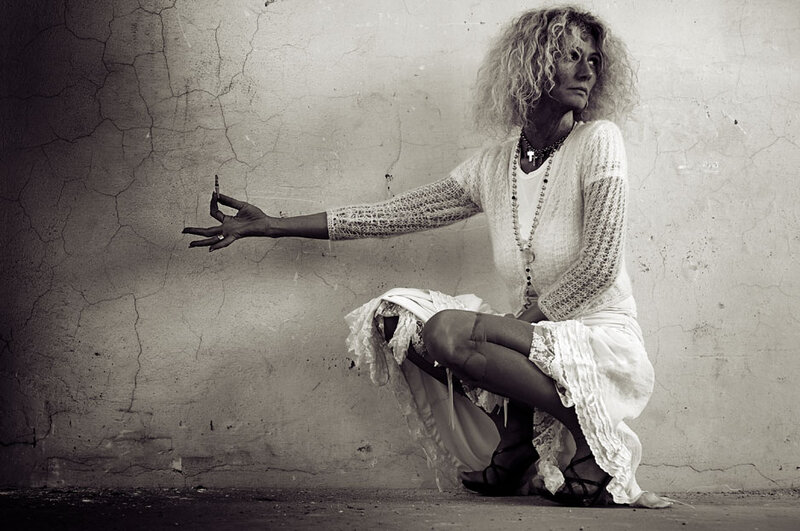 Woman with Curly Hair — Black, Dramatic, Photograph, Cigarette
