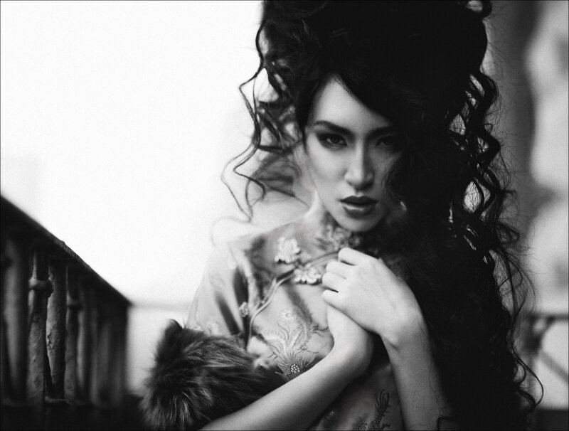 Woman with Curly Hair — Black, Dramatic, Photograph, Curly Hair, Dress, Fur