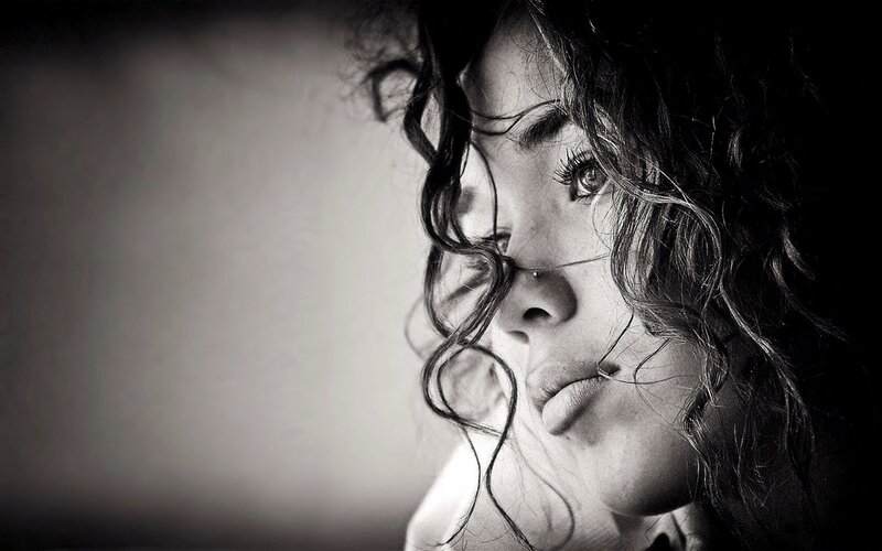 Woman with Curly Hair — Black, Dramatic, Photograph, Face, White