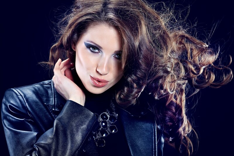 Woman with Curly Hair — Black, Dramatic, Photograph, Leather Jacket