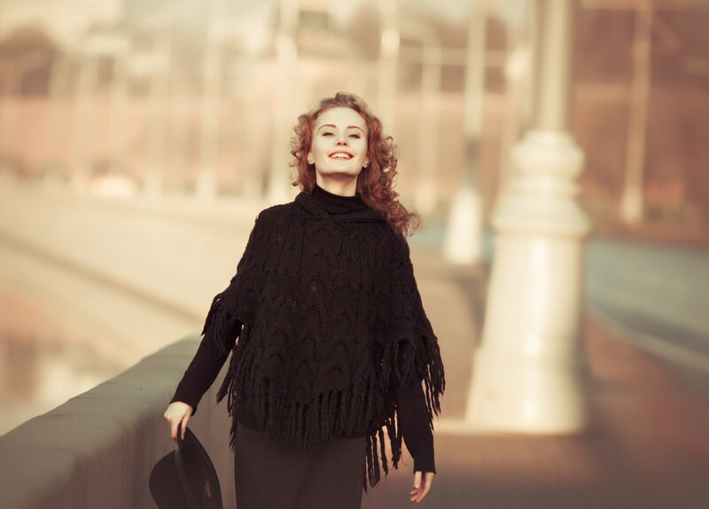 Woman with Curly Hair — Black, Serene, Afternoon, Photograph