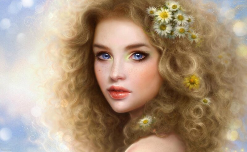Woman with Curly Hair — Blonde, Serene, Digital Art