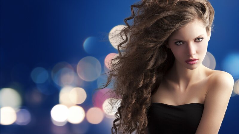 Woman with Curly Hair — Blue, Dramatic, Night, Photograph, Black Top